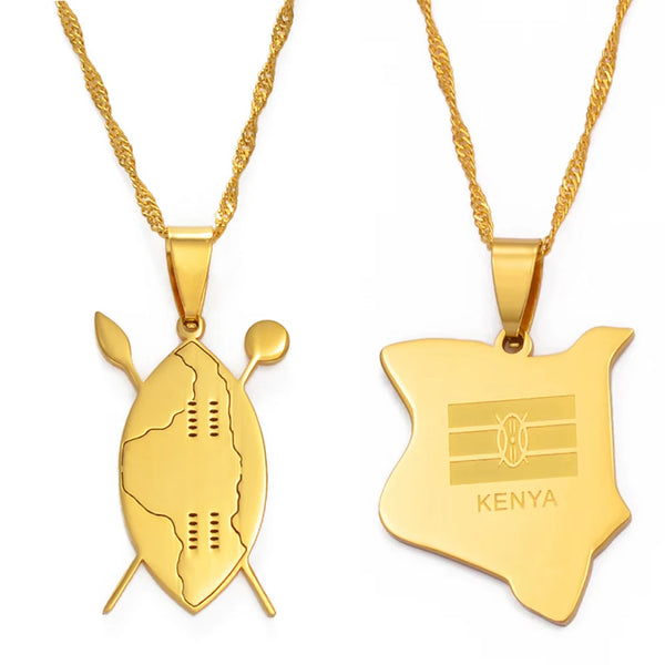 Anniyo Kenya Map Flag Pendant Necklaces For Women Girls African Jewelry Kenyans Stainless Steel  #002221