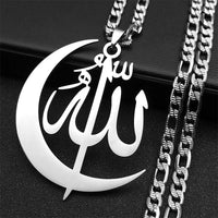 Muslim Allah Crescent Moon Symbol Necklace for Women Men Stainless Steel Silver Color Arabic Islamic Chain Jewelry collarNZZZ769