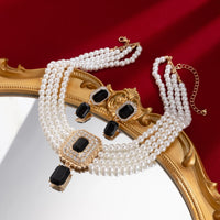 SHIXIN 2Pcs Luxury Multilayer Imitation Pearl Choker Necklace Earrings Bridal Green Rhinestone Neck Chain Wedding Jewelry Set
