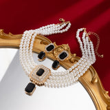 SHIXIN 2Pcs Luxury Multilayer Imitation Pearl Choker Necklace Earrings Bridal Green Rhinestone Neck Chain Wedding Jewelry Set