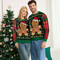 Family Matching Christmas Sweaters Gingerbread Man Green Knit Pullover Women's Long Sleeve Cozy Couple Holiday Party Outfit