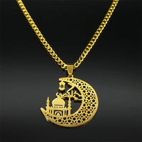 Islamic Mosque Muslim Crescent Moon Necklace for Women Men Stainless Steel Quran Islam Religious Jewelry chaine homme 6216-QKC