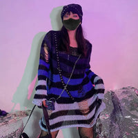 2024 Purple Striped Gothic Sweaters Women Ripped Holes Loose Knitted Pullover Frayed Fairy Grunge Jumpers Emo Streetwear Lolita