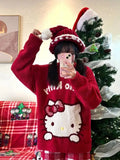 Kawaii Christmas Sanrioed Cartoon Hello Kitty Knitted Sweater Women Knitting Red Knitted Tops Anime New Cute Girls Student Tops