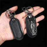PU Leather Keychain Saint Christopher Charm Pendant Men Antique Bronze Plated Hook Keychain Car Keychain