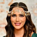 Bridal Wedding Headdress Fashion Bohemia Gold Color Leaf Imitation Pearl Tassel Indian Head Chain Jewelry