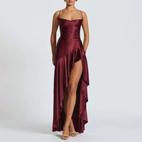 Sexy Slash Neck Slim Ruffle Banquet Dress Women Spring Backless Lace-up Long Irregular Dress Summer Sleeveless Hollow Maxi Dress