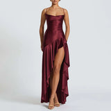 Sexy Slash Neck Slim Ruffle Banquet Dress Women Spring Backless Lace-up Long Irregular Dress Summer Sleeveless Hollow Maxi Dress
