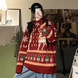 Christmas Reindeer Pullover Sweater Long Sleeve Red Loose Lazy Knitwear Horean Casual O Neck Hiphop Bf Couple Harajuku Y2K Top