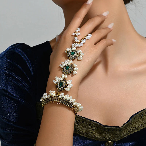 Kymyad Vintage Green Crystal Bracelet For Women Bijoux Ethnic Handmade Simulated Pearl Jewelry Hand Bracelets Jewellery