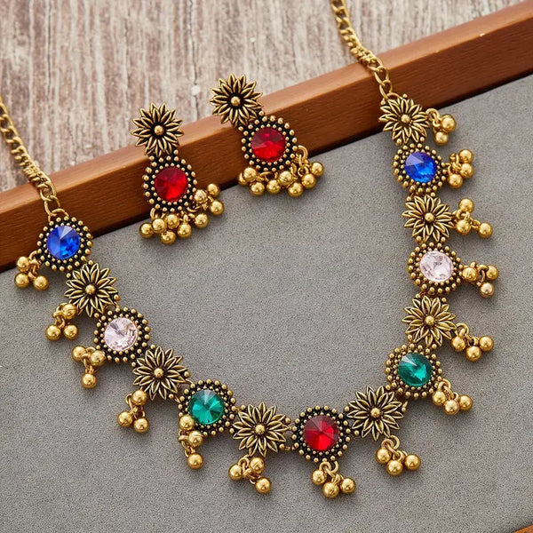 Vintage Glasses Stone Necklace Earrings For Women Retro Metal Beads Tassel Decoration Jewelry Set Women's Festival Gifts