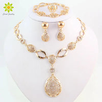 Fashion Vintage Clear Crystal Gold Color African Bridal Costume Jewelry Sets Nigerian Wedding Water Drop Necklace Earrings Set