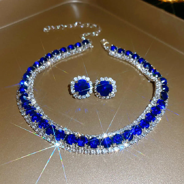 FYUAN Luxury Crystal Necklace Earrings Green Rose pink Blue Necklace for Women Weddings Party Jewelry Sets Accessories