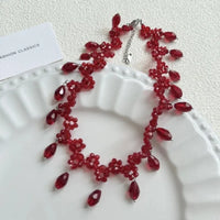 Luxurious Multi-Layer Red Beaded Flower Tassel Necklace Fashionable Choker High-End Clavicle Chain Jewelry Accessory