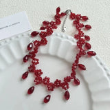 Luxurious Multi-Layer Red Beaded Flower Tassel Necklace Fashionable Choker High-End Clavicle Chain Jewelry Accessory