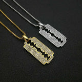 Trendy Titanium Steel Gold Plated Rhinestones Blade Pendant Necklace Creative Personality Men's Hip Hop Fashion Jewelry