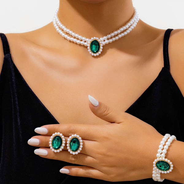 IngeSight.Z Luxury Green Rhinestone Imitation Pearl Beaded Bracelet Earrings Necklace Set Women Bride Wedding Party Jewelry Set