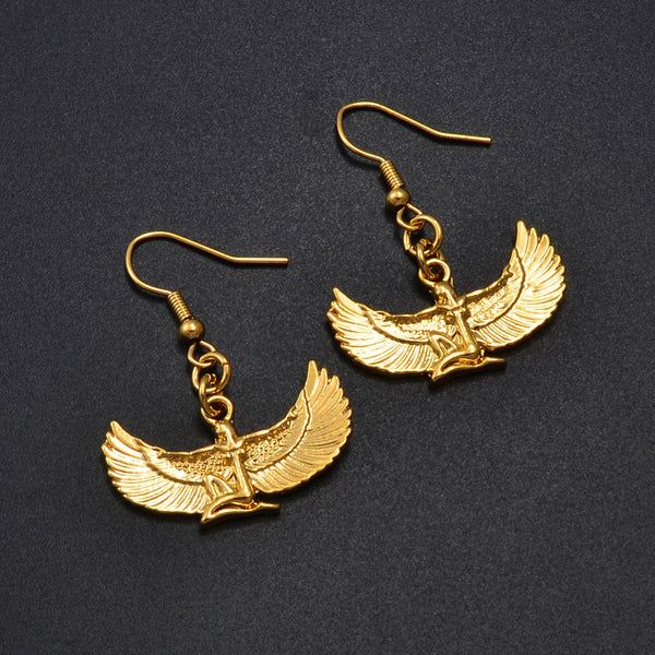Anniyo Fab Egyptian Goddess Earrings Gold Plated Wing Earrings Ankh Bib Wicca Pagan Jewelry African Egypt Religion #098706E