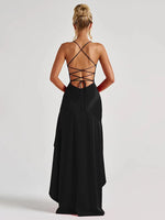 VC Elegant Black Satin Maxi Dress with Crisscross Spaghetti Straps and High Slit Ruffled Hem for High - Profile Occasions