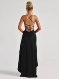 VC Elegant Black Satin Maxi Dress with Crisscross Spaghetti Straps and High Slit Ruffled Hem for High - Profile Occasions