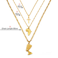 Anniyo 3pcs Necklaces Together Ankh Nefertiti Africa Map Pendant Gold/Silver Color Birthday Party Ethnic Jewelry Women #244606