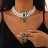 SHIXIN 2Pcs Luxury Multilayer Imitation Pearl Choker Necklace Earrings Bridal Green Rhinestone Neck Chain Wedding Jewelry Set