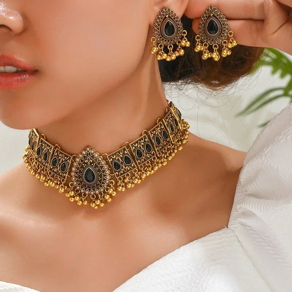 Fashion Indian Bollywood Traditional Crystal Wedding Choker Necklace Earrings Jhumka Jewelry Set Vintage Bohemian Collar Gifts