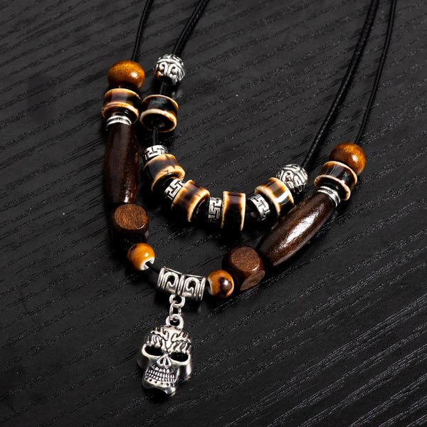 Handcrafted Ceramic Beaded Necklace Adjustable Boho Jewelry Brown Tones Totem Tiger Pendant Ethnic for Men&Women S02-049