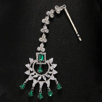 Stonefans Fashion Geometric Zircon Forehead Headpiece Indian Head Accessories Elegant Green Water Drop Hair Chain for Women
