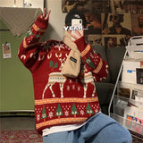 Christmas Reindeer Pullover Sweater Long Sleeve Red Loose Lazy Knitwear Horean Casual O Neck Hiphop Bf Couple Harajuku Y2K Top