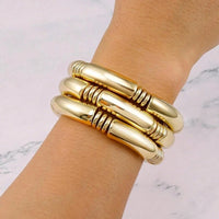 3PCS/SET Gold Chunky Bangles Bracelets For Women Plated Stack Layered Curved Bamboo Tube Stretch Bracelets Gift Jewelry