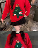 Autumn Winter Women Red Sweet Chic 3D Christmas Tree Knitted Sweater Casual O Neck Long Sleeve Pullover Tops Female Loose Jumper