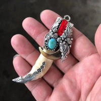 China Cloisonne Tibetan Silver Wild Boar Tusks Teeth Taxidermy Amulet Pendant