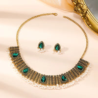 3 PCS Vintage Indian Style Alloy Necklace Earrings Set Exotic Exquisite Pearl Rhinestone Tassel Collar Chain Earrings Palace