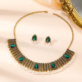3 PCS Vintage Indian Style Alloy Necklace Earrings Set Exotic Exquisite Pearl Rhinestone Tassel Collar Chain Earrings Palace