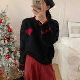 Xingqing Christmas y2k Sweaters Women Clothes Heart Print Round Neck Long Sleeve Knitted Pullover Tops 2000s Aesthetic Clothing