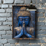 Blue Buddha Statue with Hands Folded in Prayer, Vintage Aluminum Sign for Yacht Decoration, Living Room, Gym - 1pc 8x12inch