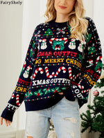Fairyshely 2025 Winter Christmas Loose Knitted Sweater Women Casual Print Pullover Autumn Lady Casual O Neck Long Sleeve Jumper