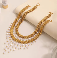 Stainless Steel Crawler Necklace Bracelet For Women 18k Gold Plated Imitation Pearl Tassel Charm Women's Necklaces Bracelets Set