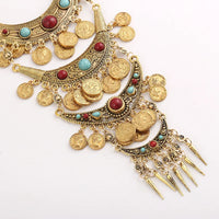 Boho Ethnic Retro Antique Gold color Alloy Carving Imitation Turquoise Coin Tassel Statement Necklace Women's Party Accessories