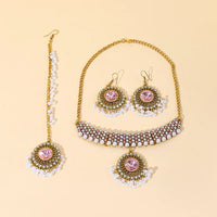 Luxury Gold Color Round Crystal Jewelry Set Vintage Earring Necklace Forehead Headdress Dubai Bridal Wedding Jewelry Accessories