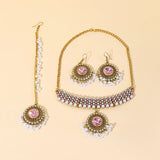 Luxury Gold Color Round Crystal Jewelry Set Vintage Earring Necklace Forehead Headdress Dubai Bridal Wedding Jewelry Accessories