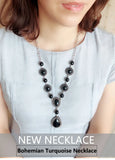 Turquoise Necklace Water Drop Shaped Blue Stone Pendant Women Vintage Tibetan Silver Setting Black Stones Jewelry Gift