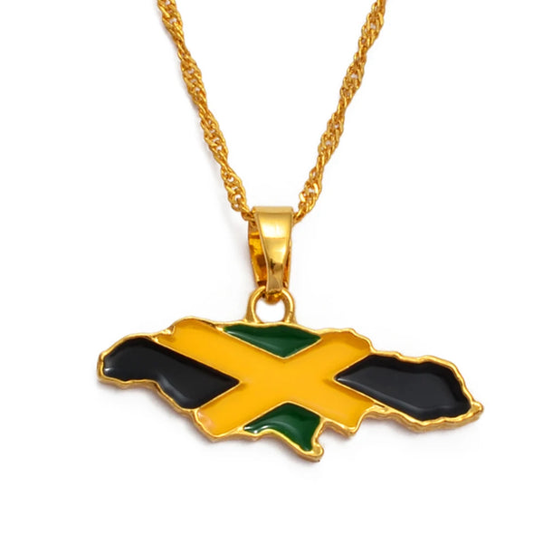 Anniyo Jamaica Map and National Flag Pendant Necklaces Gold Color Jewelry Jamaican  Maps @080406