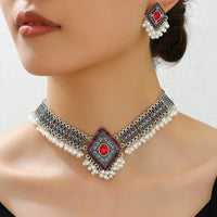 Fashion Vintage Choker Necklace Earrings Set For Women Geometric Crystal Jewelry Sets Simulated Pearl Beads Jewelry Set