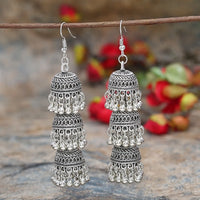 Indian Ethnic Style Earrings Jewelry For Women Retro Antique Alloy Carved Beads Bells Tassels Hanging Long Earrings