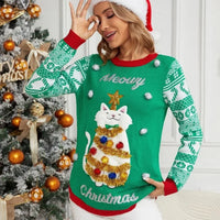 Y2k Style Women's Christmas Sweaters 3d Cartoon Cat Knitted Jumper Full Sleeve O Neck Soft Loose Knitwear Xmas Look Pullover Top