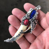 China Cloisonne Tibetan Silver Wild Boar Tusks Teeth Taxidermy Amulet Pendant