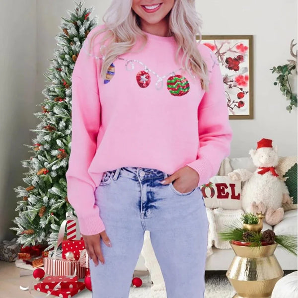 Xingqing Christmas Sweaters y2k Clothes Women Ball Ornament Pattern Round Neck Long Sleeve Pullover Knitted Tops Streetwear