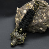 Nordic Mythology Wolf Head Keychain Men's Retro Handmade Survival Rope Lanyard Pendant Keyring Vikings Runes Vegvisir Jewelry